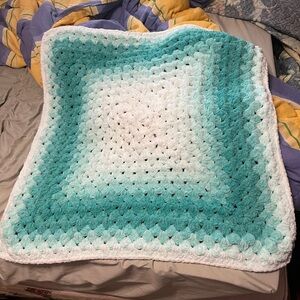 Handmade Teal and White Crochet Baby Blanket